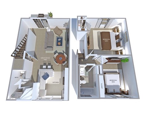 Floor plan for 2 beds, 1.5 baths, 935 sqft